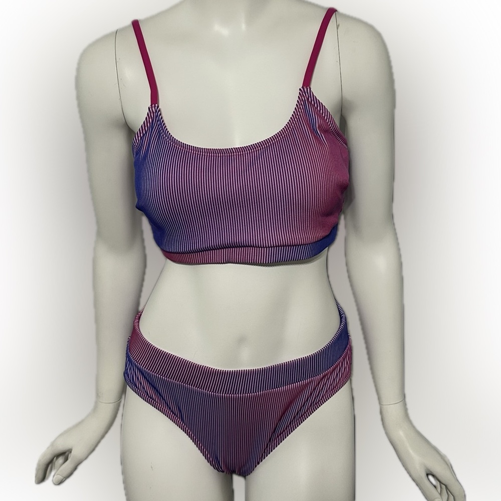 Cupshe 2 Piece Striped Bikini Pink Gradient Purple Retro Set Top & Bottom Size M